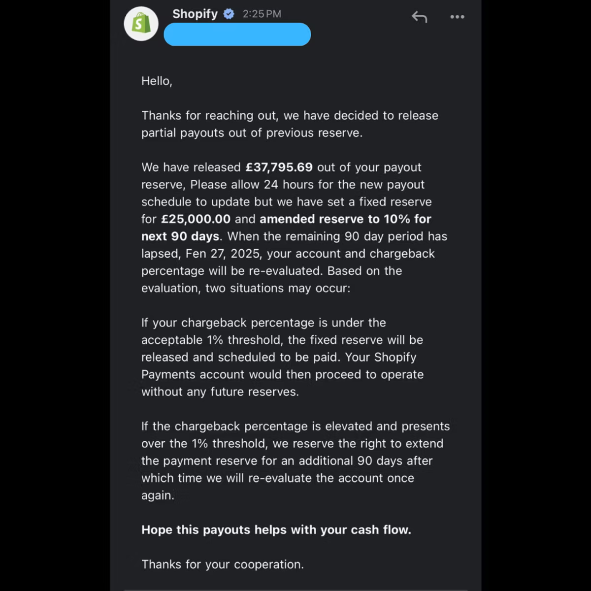A message from Shopify confirming a partial payout release: £37,795.69 released from the payout reserve, a fixed reserve set at £25,000.00, and the reserve amended to 10% for the next 90 days, after which the account and chargeback percentage will be re-evaluated. It notes that if the chargeback percentage stays under the 1% threshold the fixed reserve will be released and the account will operate without future reserves, and that if it runs over 1% the reserve may be extended a further 90 days.