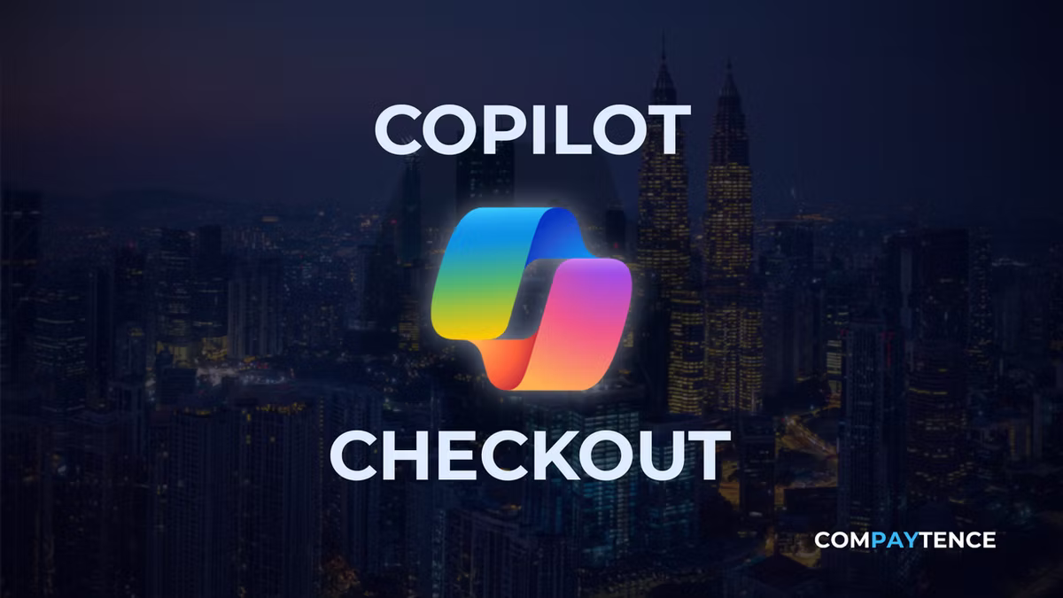 Colorful logo with "COPILOT CHECKOUT" text over a nighttime city skyline. "COMPAYTENCE" is in the bottom right corner.