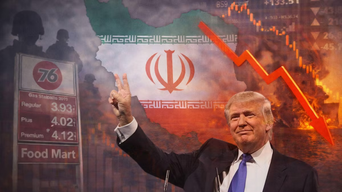 A composite news montage: Donald Trump raising a hand in front of an Iranian flag and map, a petrol station price board listing regular at 3.93, soldiers in silhouette, a burning industrial site, and a red arrow plunging down across a stock chart.