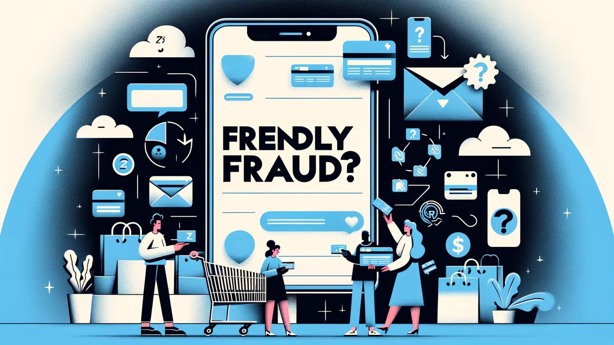 Illustration of a large phone screen headed "Frendly Fraud?", the word misspelled in the artwork, surrounded by shoppers with bags and a trolley and by floating icons for cards, envelopes, question marks and refunds.