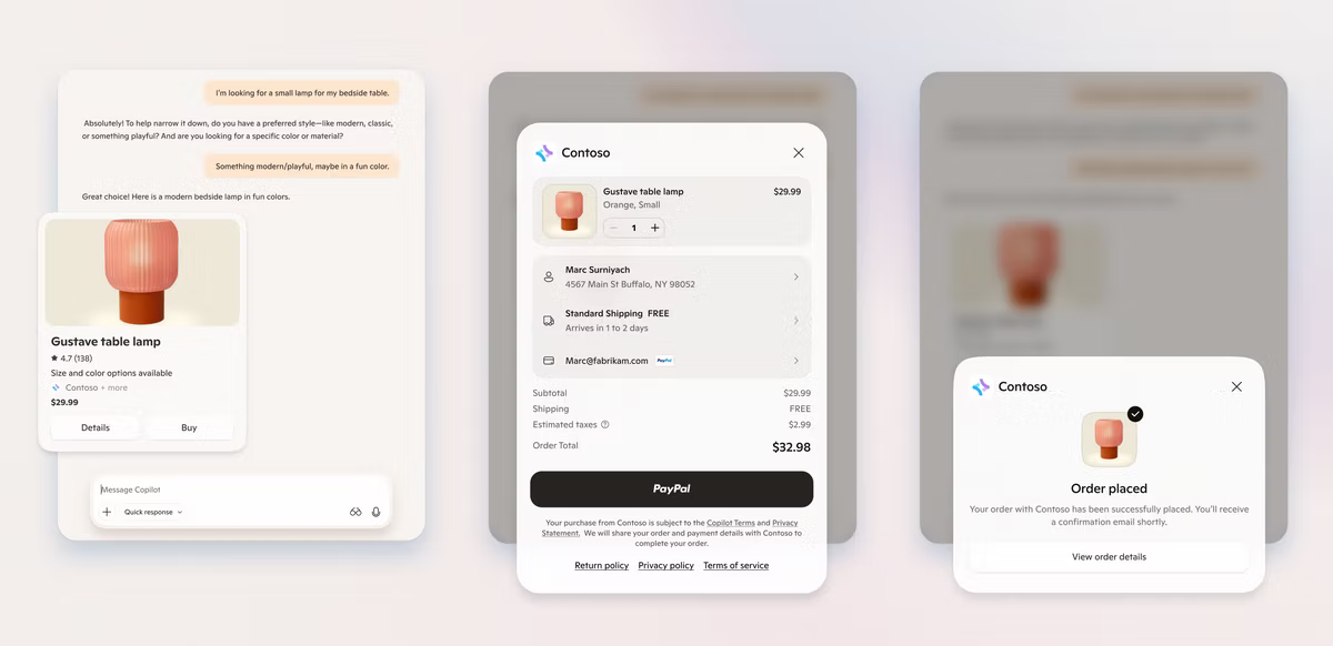 Online shopping interface showing a Gustave table lamp purchase process, with cart and order confirmation screens. Text and orange lamp visible.