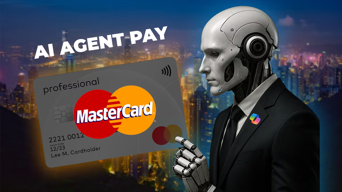 Robot holding a Mastercard labeled "professional" with "AI AGENT PAY" text. City skyline in the background, night setting.