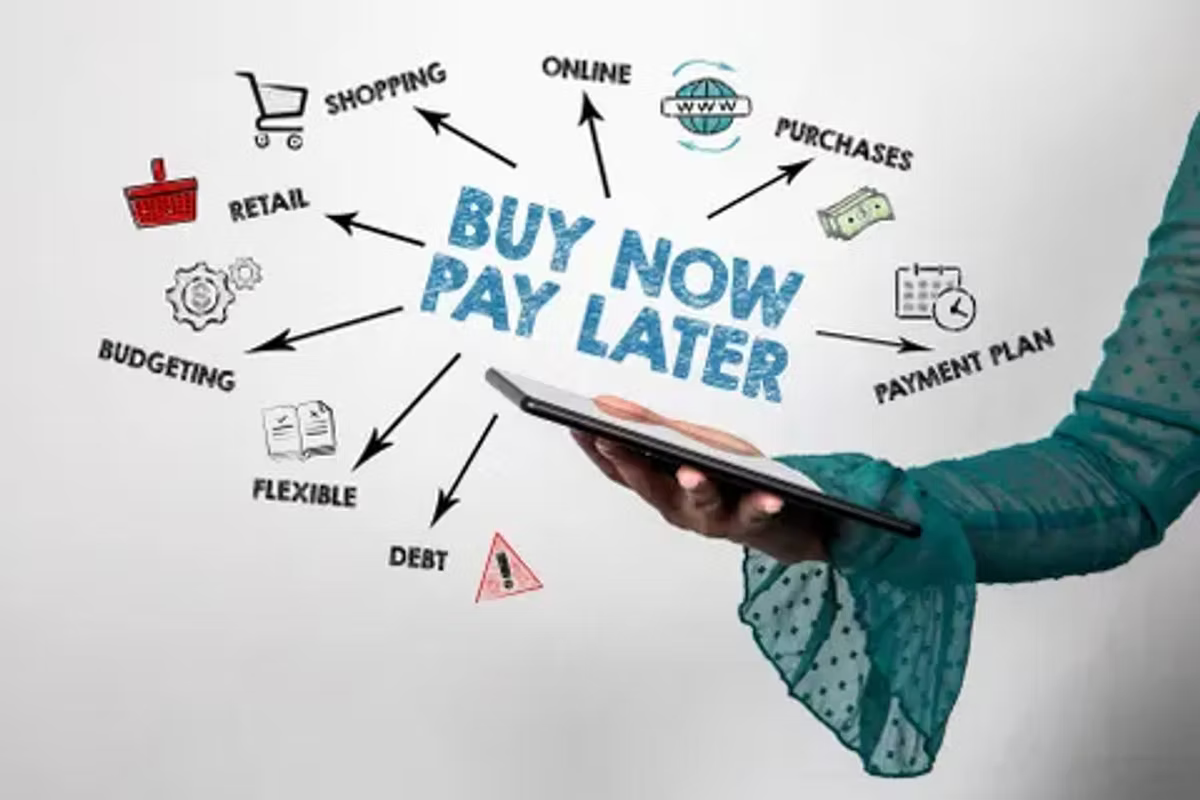 Hand holding tablet with "Buy Now Pay Later" text. Arrows pointing to concepts like shopping, debt, and retail. White background.