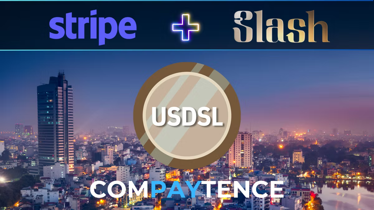 Compaytence hero card pairing the Stripe and Slash logos with a plus sign, above a gold USDSL stablecoin token over a city skyline at dusk.