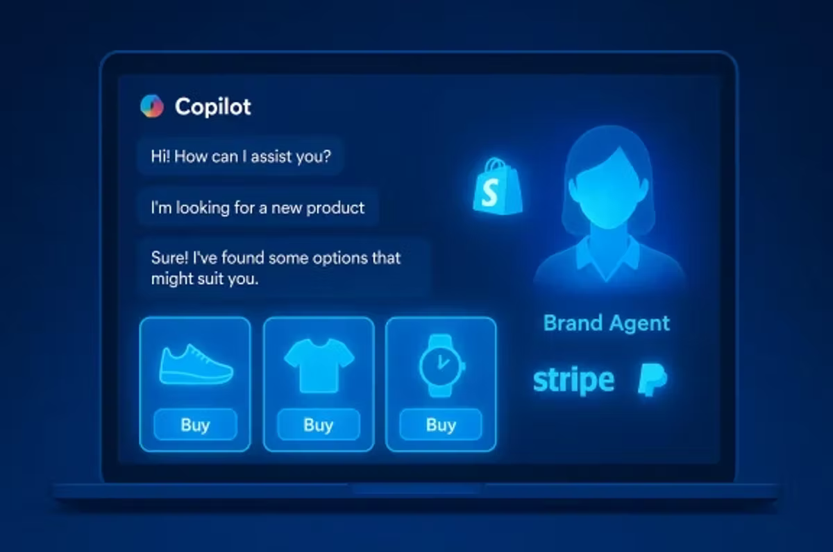 A laptop screen shows a digital assistant interface with chat text and product options to buy. Blue icons for Shopify, Stripe, and PayPal.