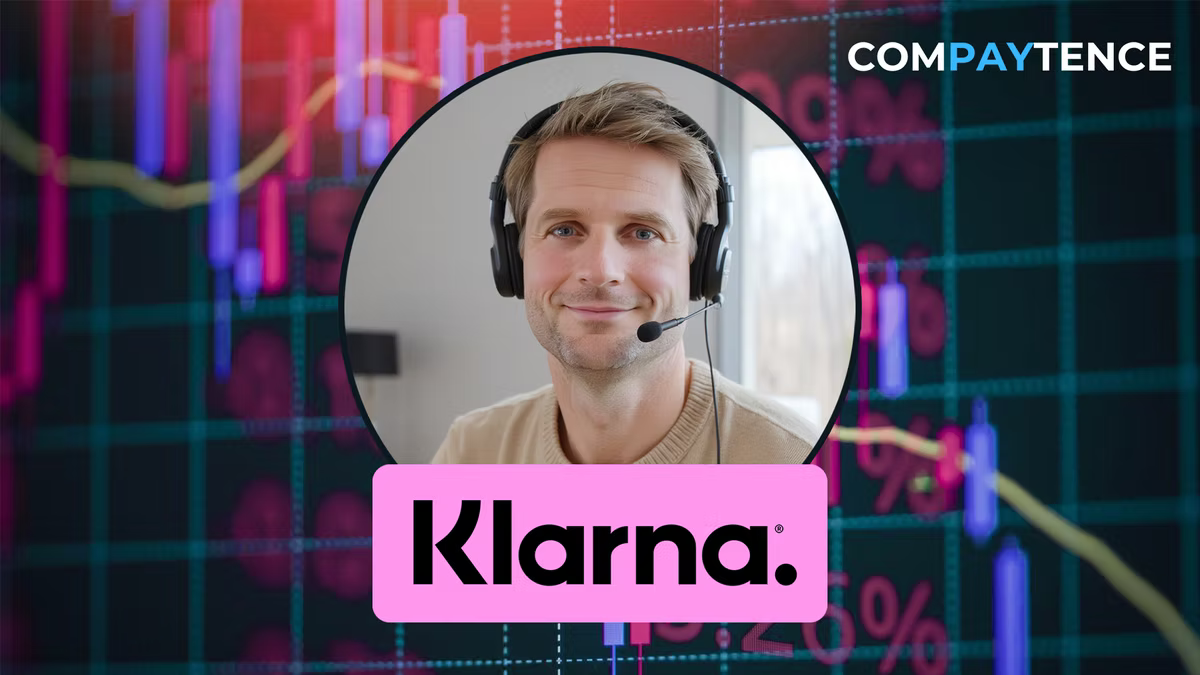 Compaytence hero card showing a man in a headset in a circular portrait, above the Klarna logo on a pink block, over a red and purple candlestick chart trending down.
