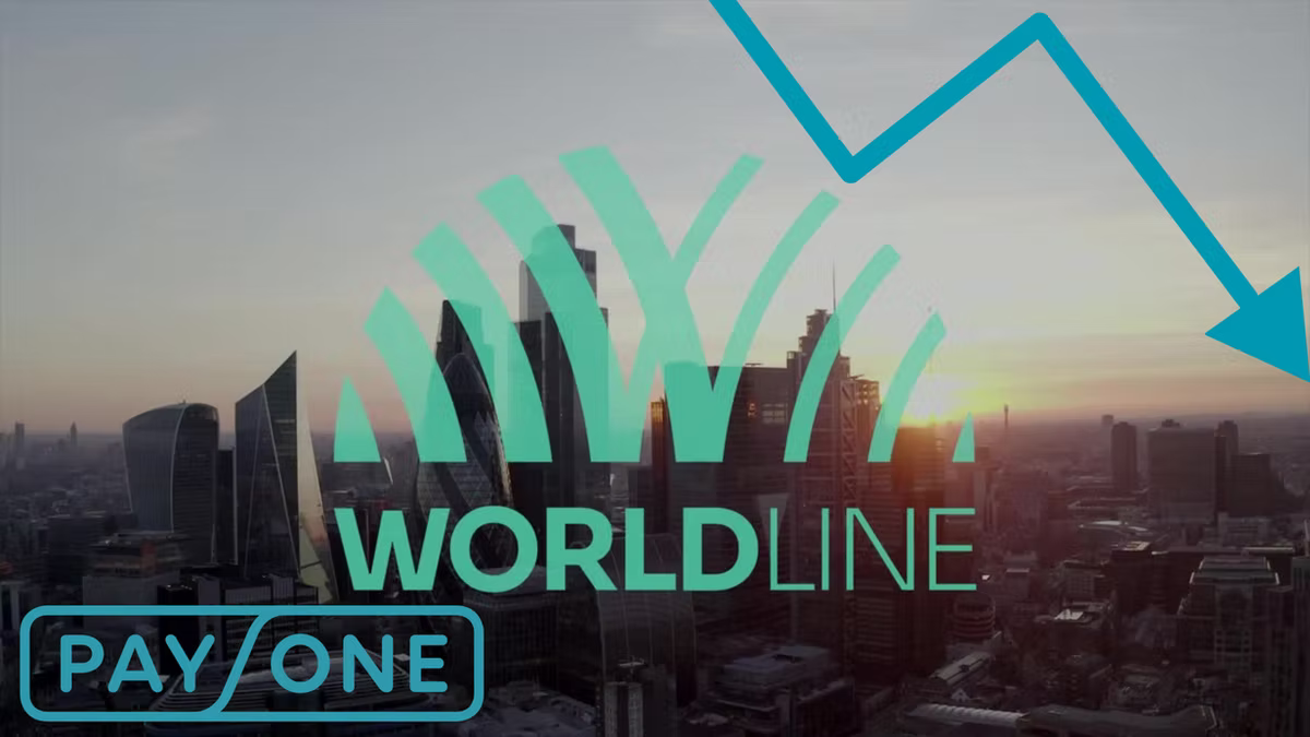 The Worldline and Payone logos over an aerial view of the City of London at sunset, with a large blue arrow plunging downward across the sky.