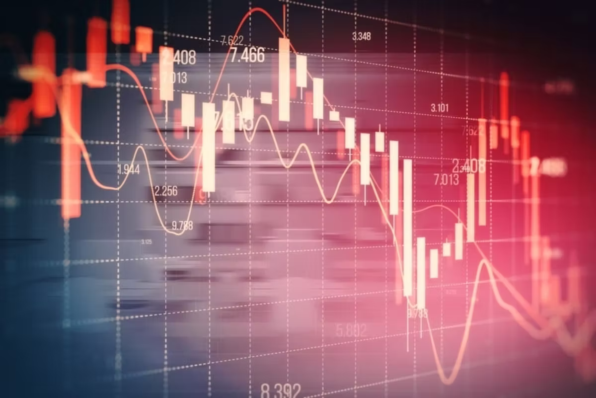 Stock market chart with descending red candlesticks and line graph on a grid background. Numbers indicate price points; mood is tense.