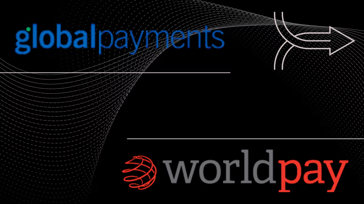 Hero card stacking the Global Payments logo above the Worldpay logo on black, with a large white arrow curving from one to the other.