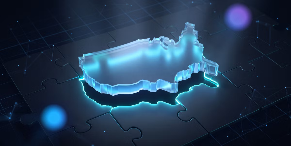A glowing glass keystone shaped like the continental United States being lowered into a dark global lattice of territory tiles.
