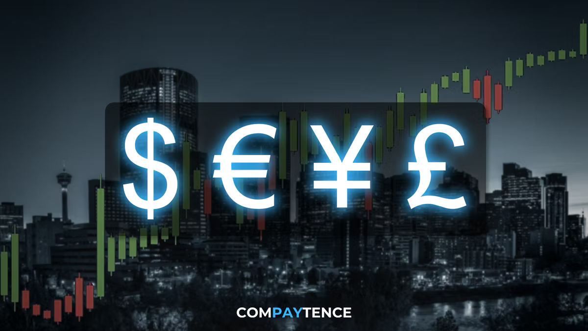 Compaytence hero card showing the dollar, euro, yen and pound symbols glowing in white on a glass panel, over a desaturated skyline and a green and red candlestick chart.