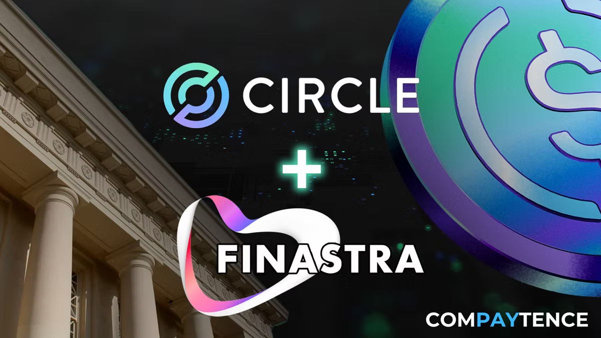 Compaytence hero card pairing the Circle and Finastra logos with a plus sign between them, beside a large USDC coin and the columned facade of a classical bank building.