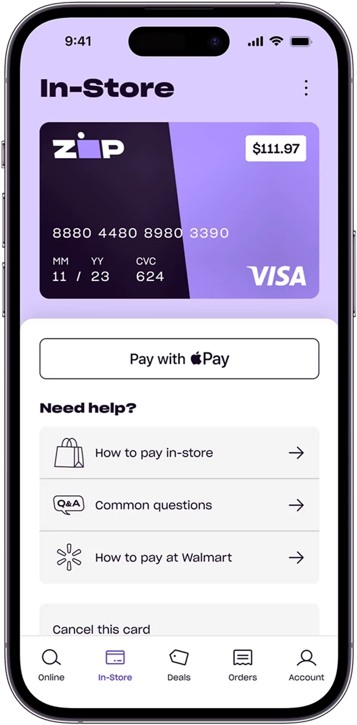 Purple-themed mobile app interface showing a Visa card with $111.97 balance, options for in-store payment help, and a navigation menu.