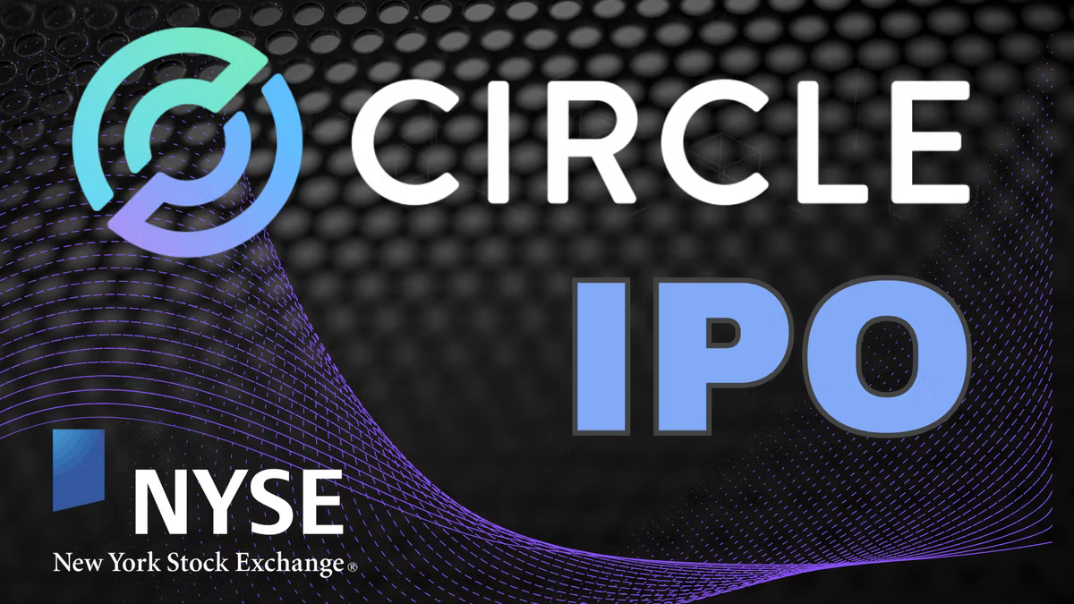 Hero card pairing the Circle logo with the word IPO and the New York Stock Exchange logo, over a dark perforated background.