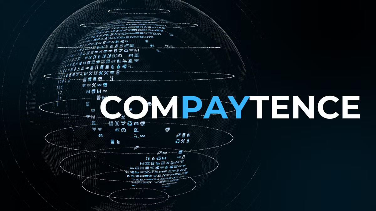 Compaytence hero card showing the wordmark over a dark globe built from rings of glowing payment and commerce icons.