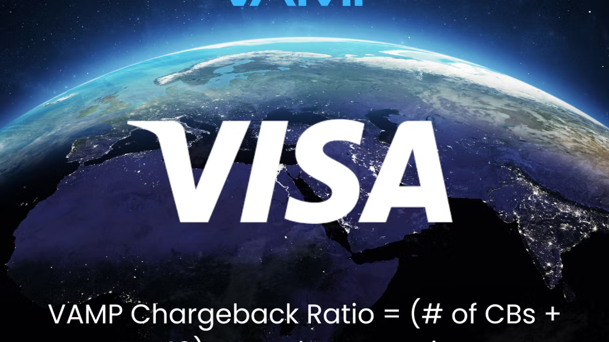 Compaytence hero card showing the VISA wordmark over the curve of the Earth seen from space, with the VAMP logo cropped at the top and the beginning of the VAMP chargeback ratio formula across the bottom.