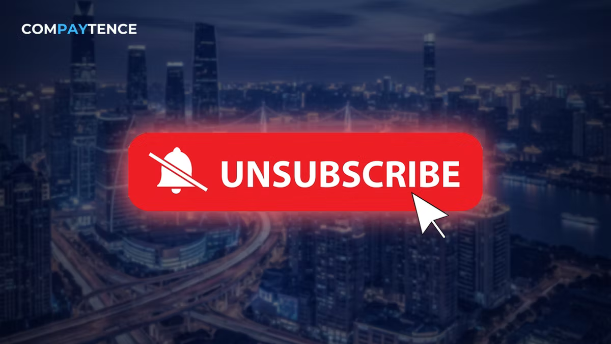 Compaytence hero card showing a large red UNSUBSCRIBE button with a crossed-out bell icon and a mouse cursor over it, above a night city skyline.