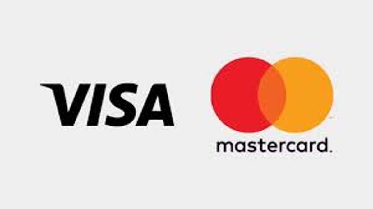 The Visa and Mastercard logos side by side on a light grey background.