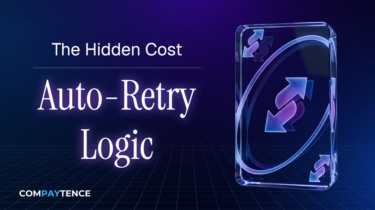 Purple neon title slide reading The Hidden Cost Auto-Retry Logic, with glass retry arrows on a dark grid background.
