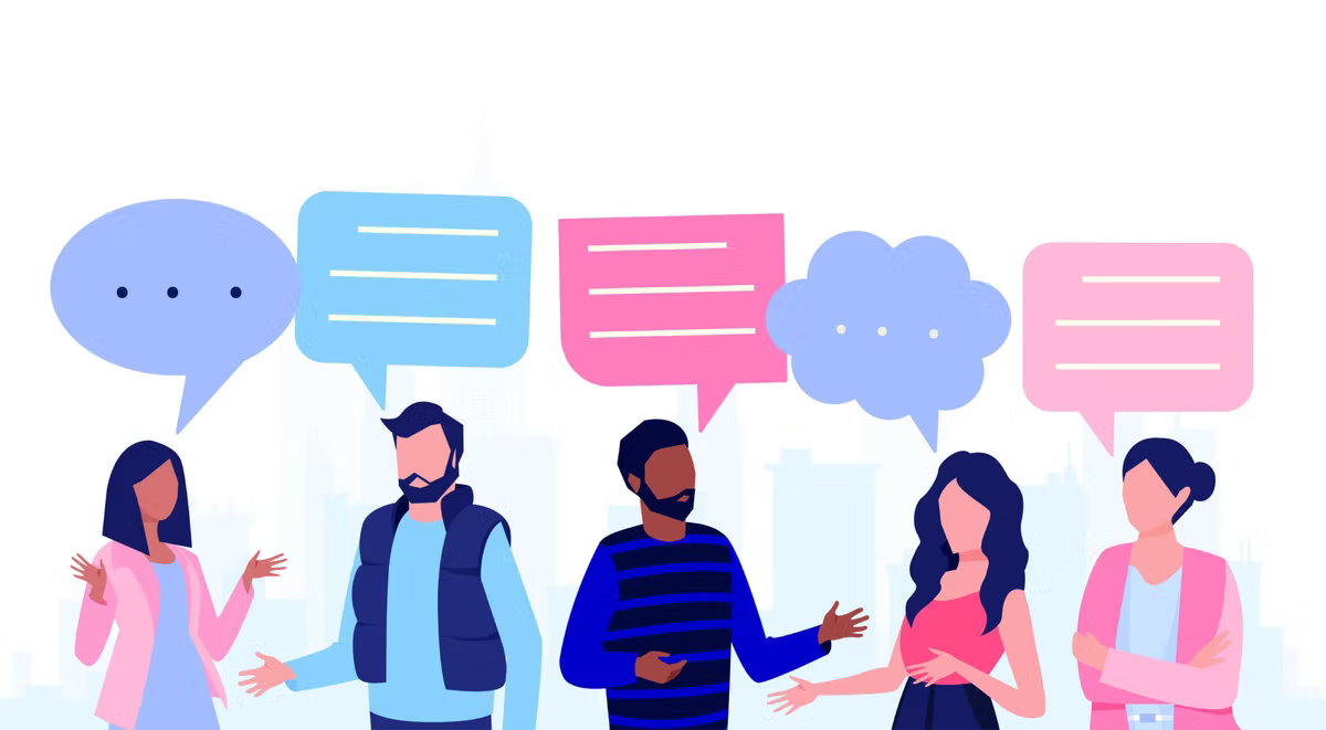 Flat illustration of five people standing and talking, with empty speech bubbles above their heads against a pale city skyline.