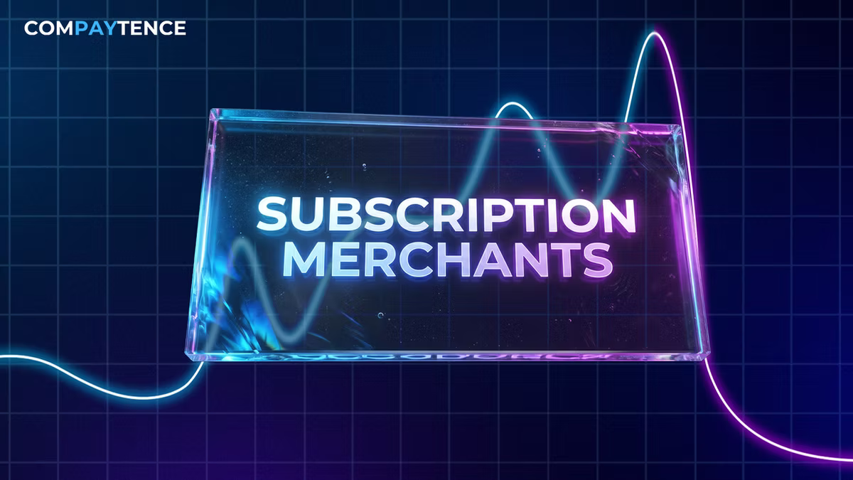 Compaytence hero card reading "Subscription Merchants" inside a glass slab, with a neon blue and magenta line spiking across it on a dark grid.
