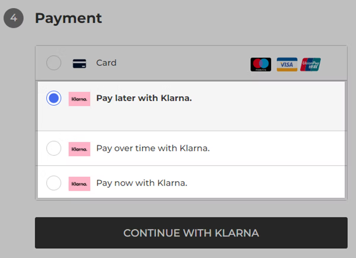 Payment options screen offering "Card" or "Klarna" with choices: Pay later, Pay over time, Pay now. Button: "Continue with Klarna."
