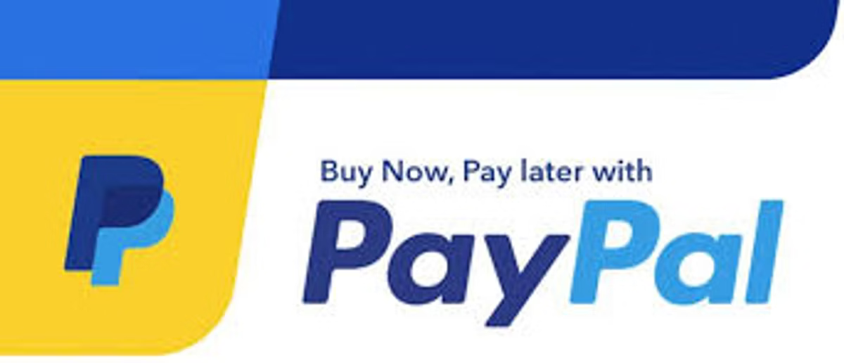 PayPal banner reading "Buy Now, Pay later with PayPal", with the PayPal logo on blue and yellow blocks.