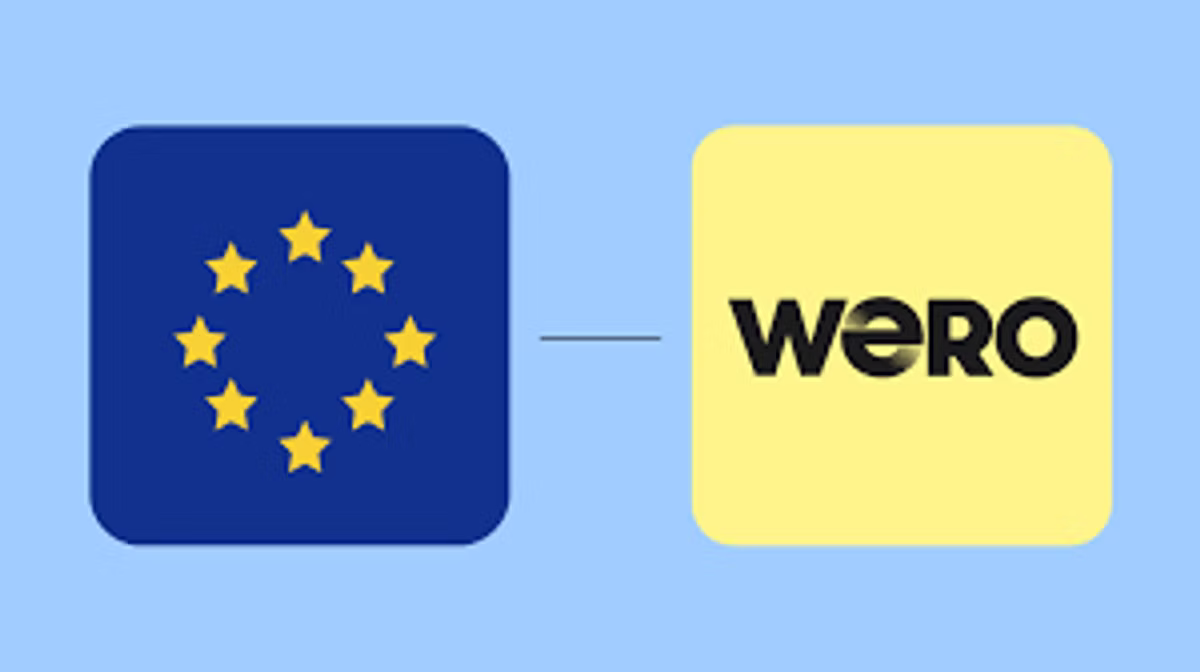 Two rounded tiles connected by a line: the European Union flag on navy, and the Wero wordmark on pale yellow.