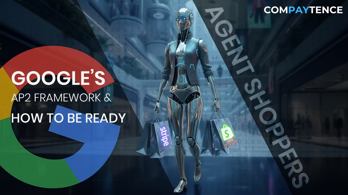 A futuristic AI robot shops in a mall holding Stripe and Shopify bags. Text: Google's AP2 Framework & How to Be Ready. Mood is high-tech.