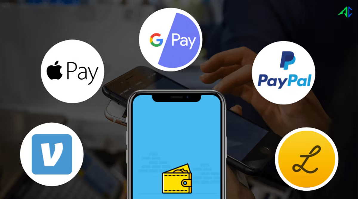 A smartphone displaying a wallet icon, ringed by logos for Apple Pay, Google Pay, PayPal, Venmo and Litecoin.