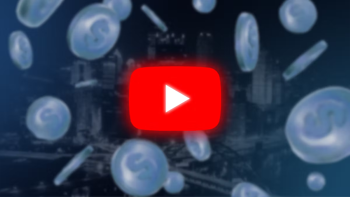 Red YouTube play button centered on a dark cityscape background, surrounded by floating blue coins with dollar symbols.