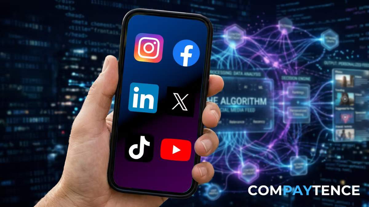 Compaytence hero card showing a hand holding a phone with the Instagram, Facebook, LinkedIn, X, TikTok and YouTube icons on screen, against a blue network diagram labelled THE ALGORITHM feeding a personalised feed.
