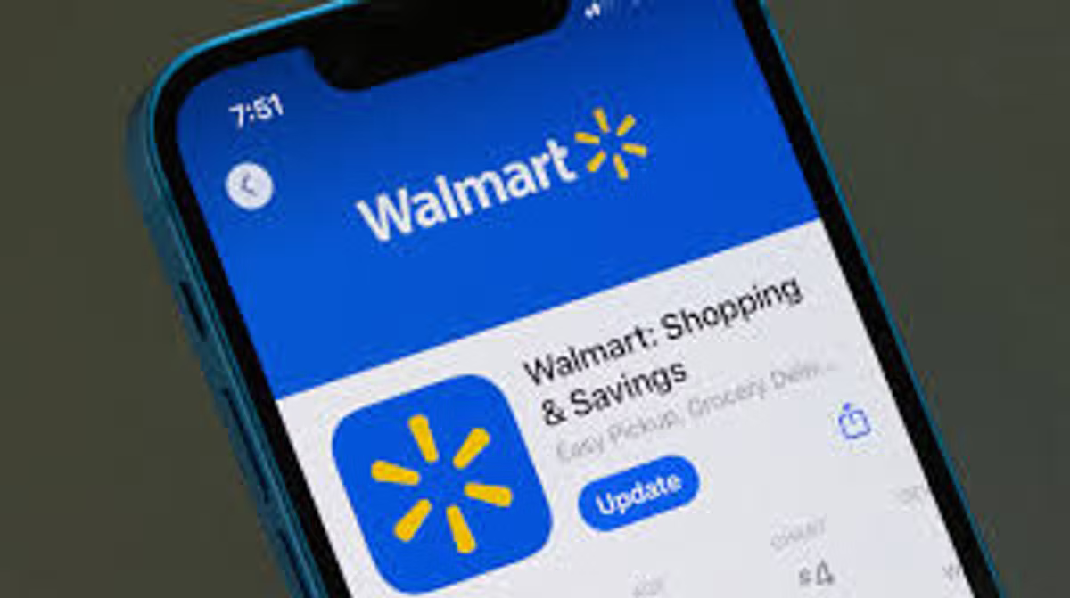 A smartphone showing the Walmart Shopping & Savings app listing in an app store, with an Update button.