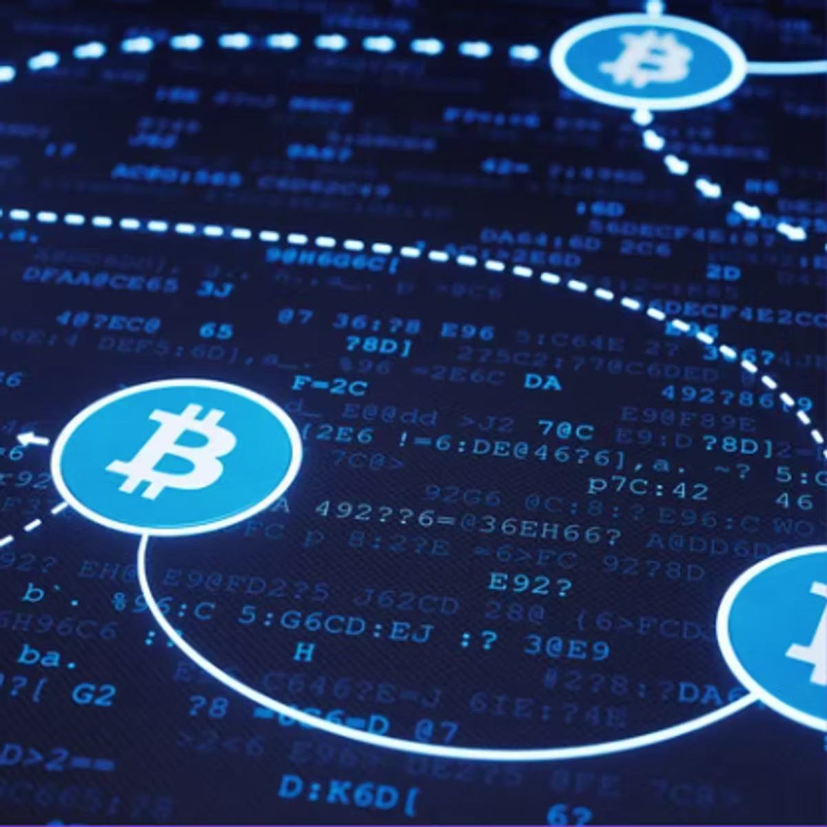Bitcoin symbols in glowing blue circles connected by dashed lines across a dark screen of scrolling code.