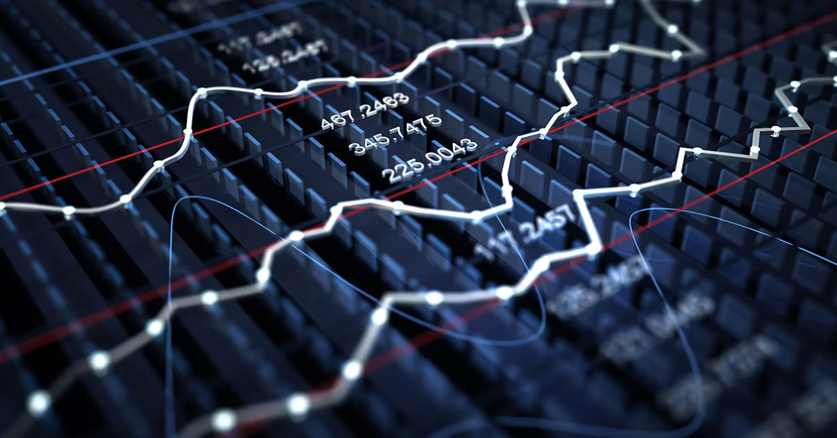 Abstract render of a jagged white line chart with node points, rising across a dark keyboard-like grid scattered with decimal figures.