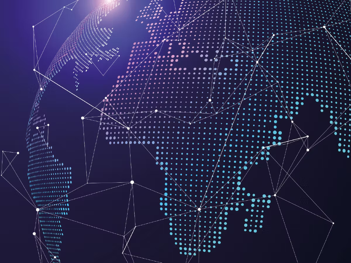A dotted world map curving over a globe on a purple background, overlaid with a white network of lines and nodes.
