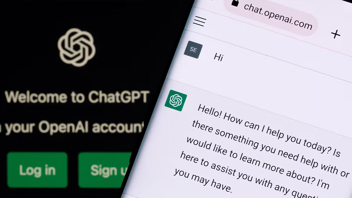 ChatGPT welcome screen with login options and a conversation showing "Hi" and a friendly chatbot response on chat.openai.com.