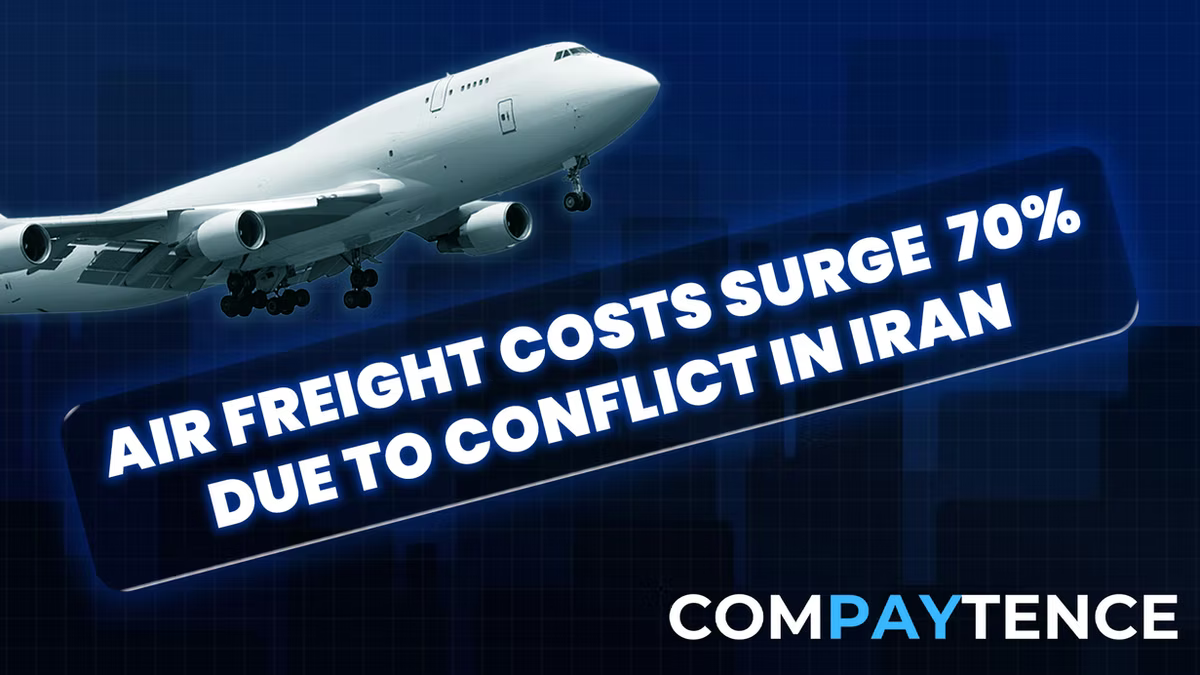 Compaytence hero card reading "Air freight costs surge 70% due to conflict in Iran", set on an angled banner over a cargo jet climbing away against a blue skyline.