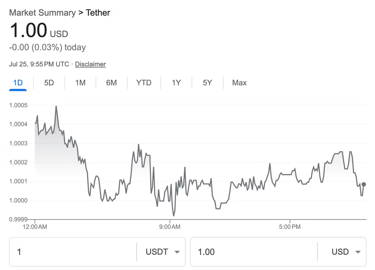 A market summary for Tether showing 1.00 USD, down 0.03% on the day, with an intraday line chart holding between 0.9999 and 1.0005 across 24 hours, and a converter reading 1 USDT to 1.00 USD.
