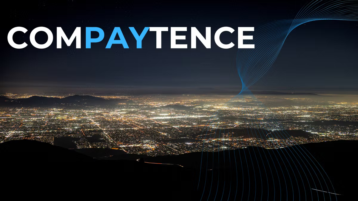 Compaytence hero card showing a vast city grid lit up at night, seen from a dark hillside, with fine blue wave lines curling across the sky.