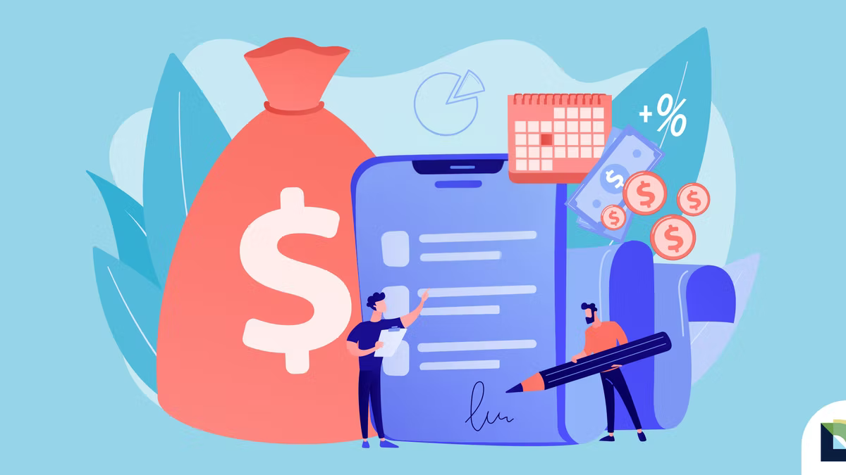 Flat illustration of two people beside a giant phone showing a form, next to a money bag marked with a dollar sign, a calendar, banknotes, coins and a percentage symbol.