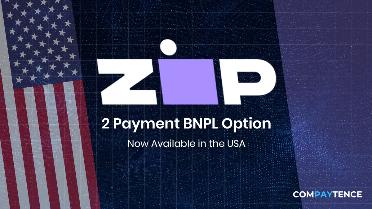 "ZIP logo with '2 Payment BNPL Option' text, USA flag, digital blue grid background, and COMPAYTENCE branding in corner."