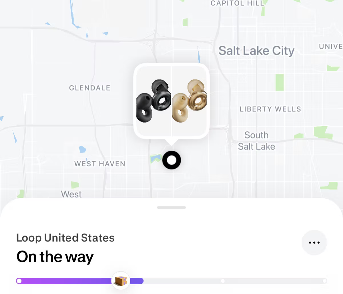 Map of Salt Lake City shows delivery route with a highlighted pin. Black and gold objects displayed. Text: "Loop United States On the way."