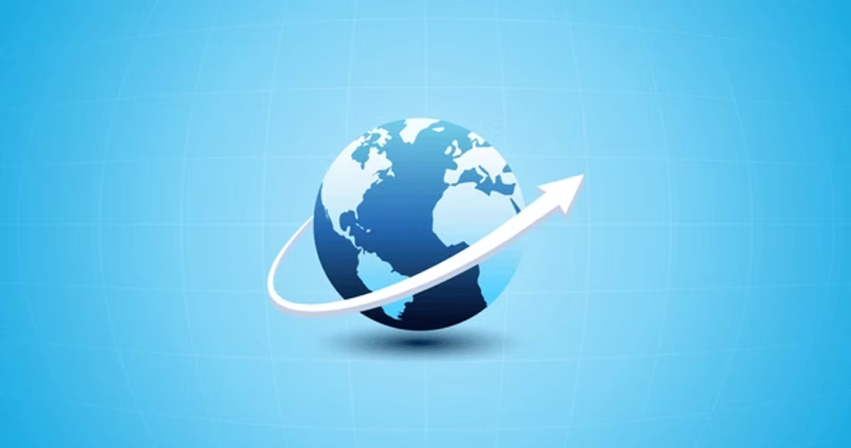Illustration of a blue globe encircled by a white arrow curving upward and outward, on a light blue gridded background.