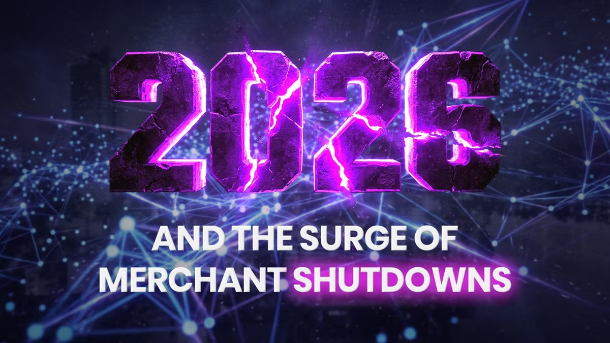 Compaytence hero card reading "2026 and the surge of merchant shutdowns", the year rendered as cracked purple stone shot through with lightning over a dark network field.