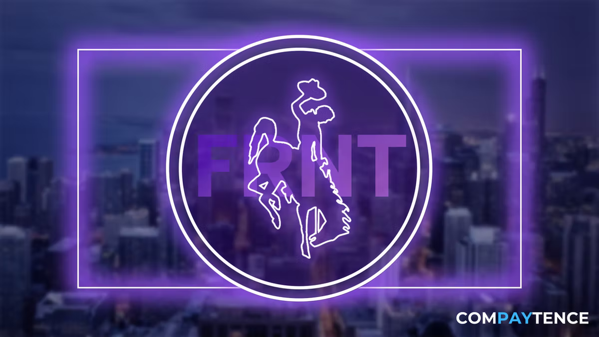 Compaytence hero card showing a neon purple coin badge bearing the Wyoming bucking-horse rider and the letters FRNT, glowing over a blurred city skyline.