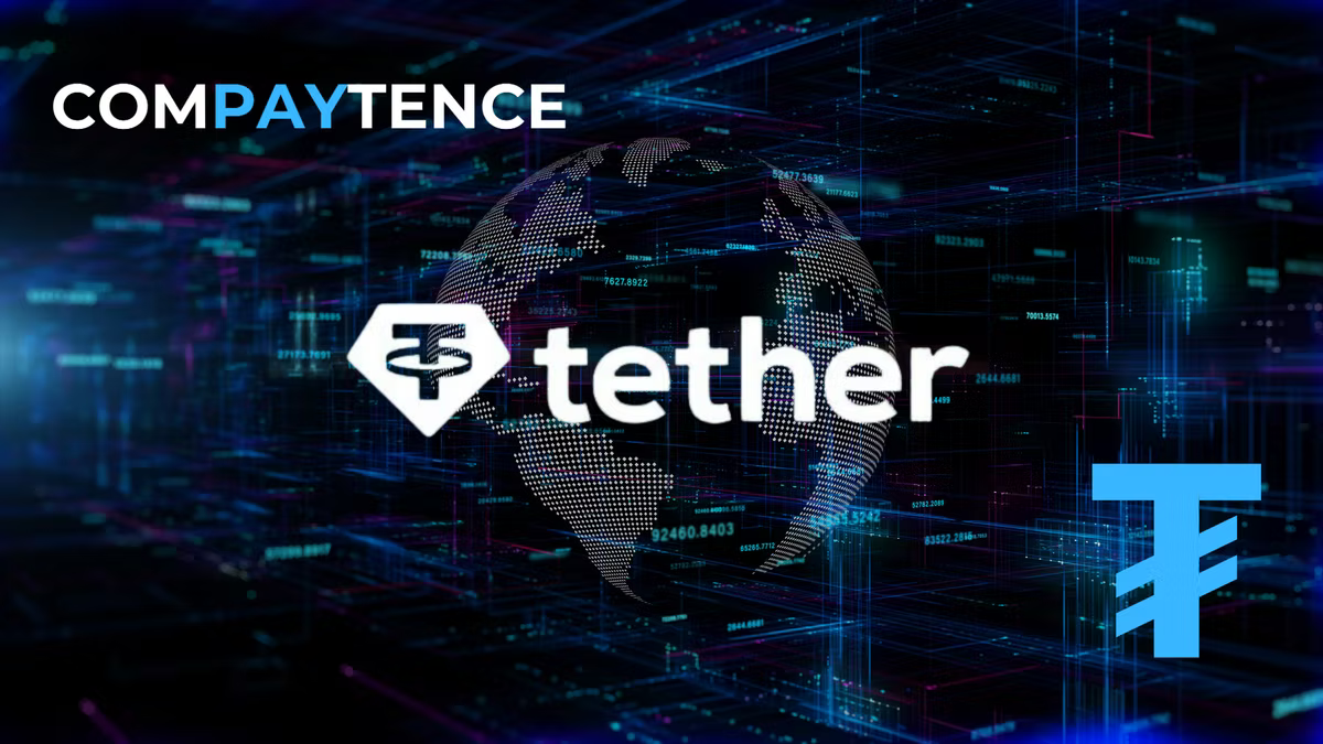 Compaytence hero card showing the tether logo and wordmark over a globe rendered in dots, against a dark field of blue data streams and figures.