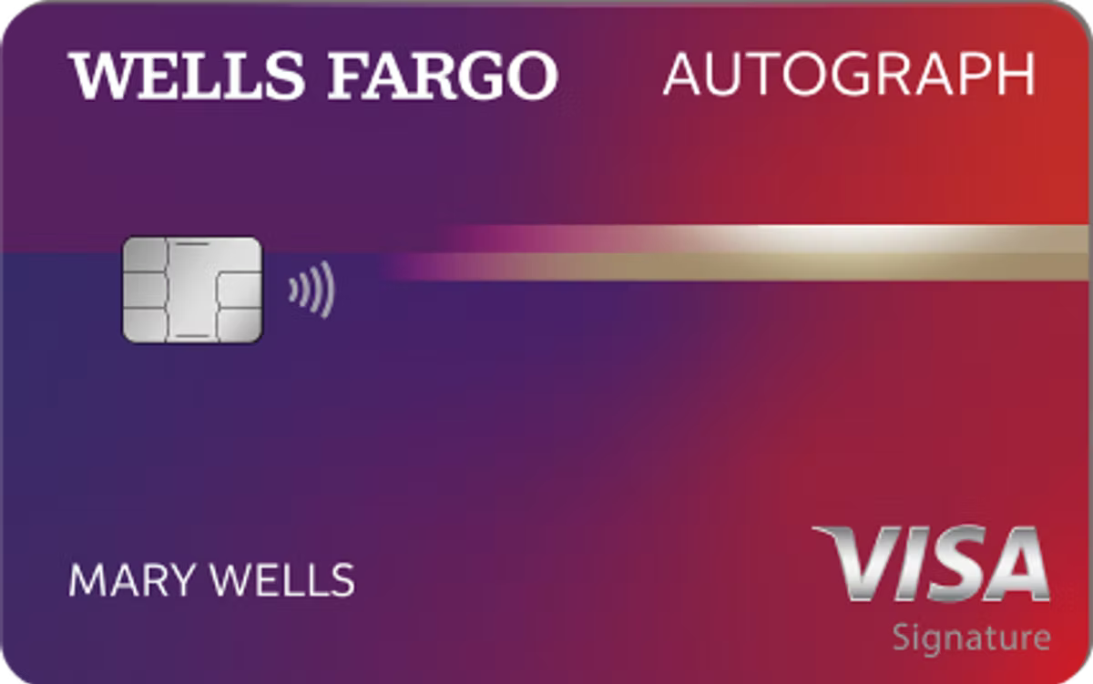A Wells Fargo Autograph Visa Signature card in a purple-to-red gradient, in the name Mary Wells, showing a chip and contactless symbol.