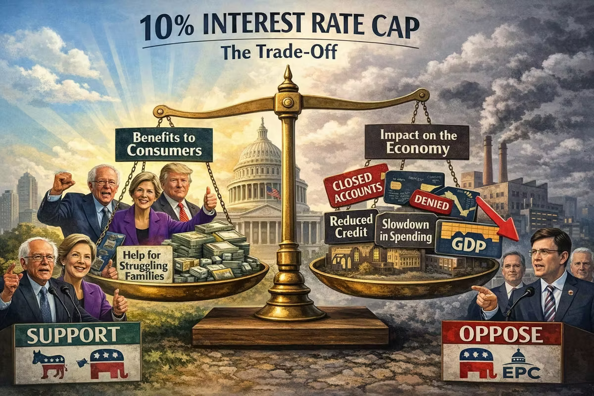 Scales depict pros and cons of a 10% interest rate cap. On the left, politicians support consumer benefits; on the right, effects on economy. Capitol in background.