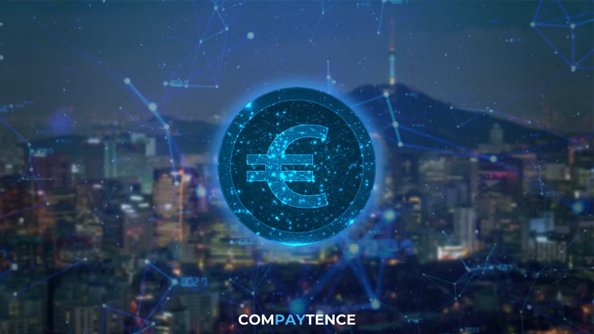 Compaytence hero card showing a euro symbol inside a glowing blue coin made of network nodes, hovering over a city skyline at dusk.